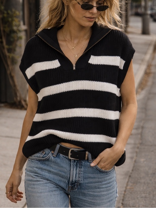 Reitmans Sweaters - Black & white Striped Knit Zip Sweater Vest | Coastal Chic | Oversized